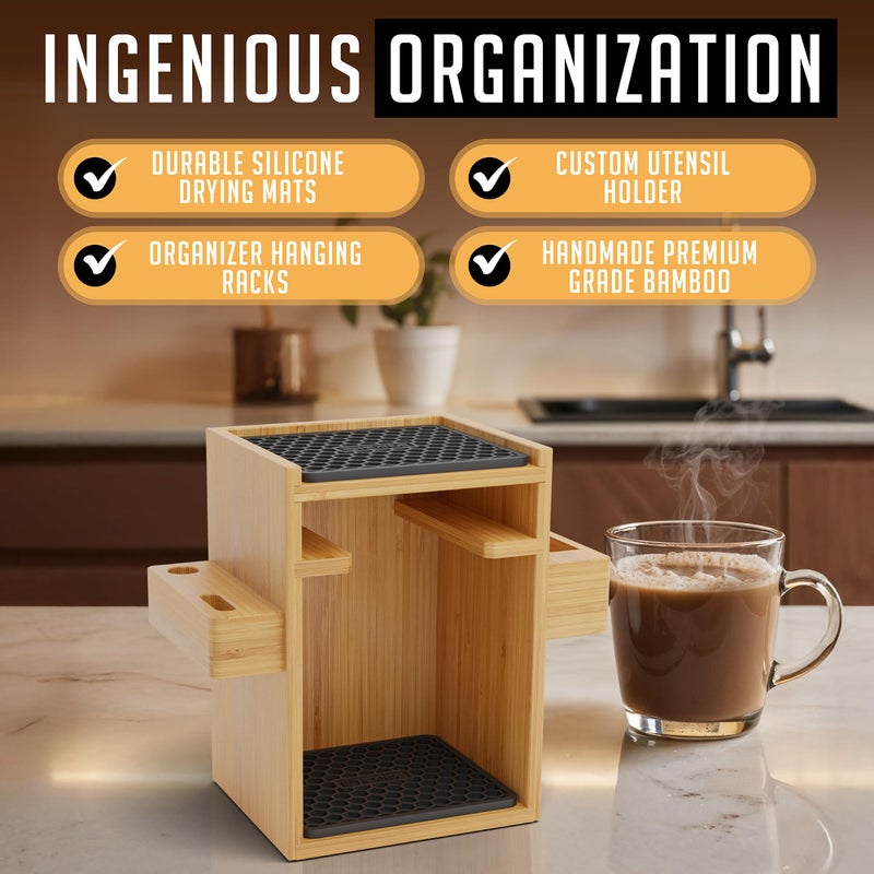 HEXNUB â€“ Compact AeroPress Organizer Stand, Bamboo Coffee Caddy for AeroPress Coffee Maker, Accessories, Filters, Cups, Includes Mats - Black - Image 5
